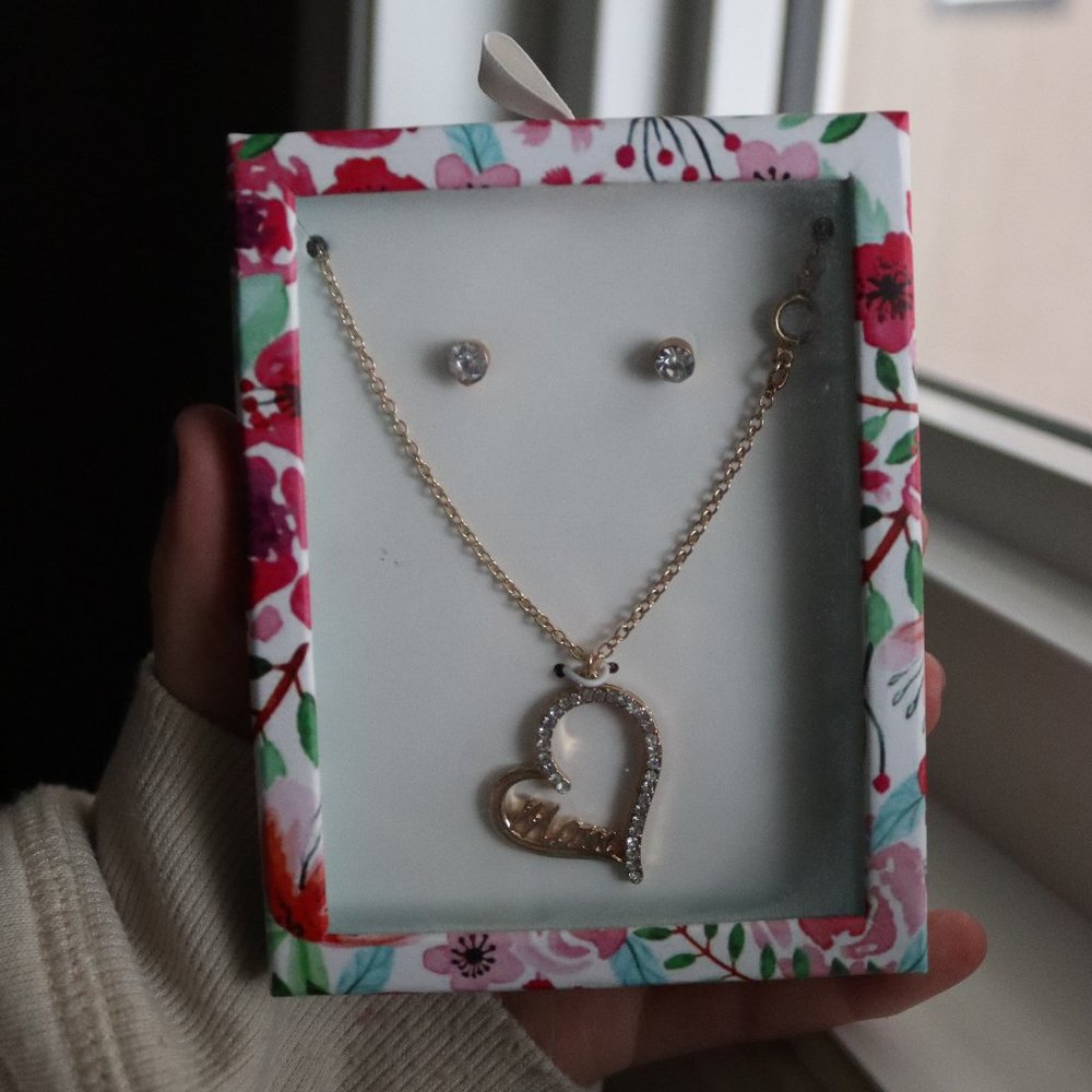 Heart Mom Necklace and Studs